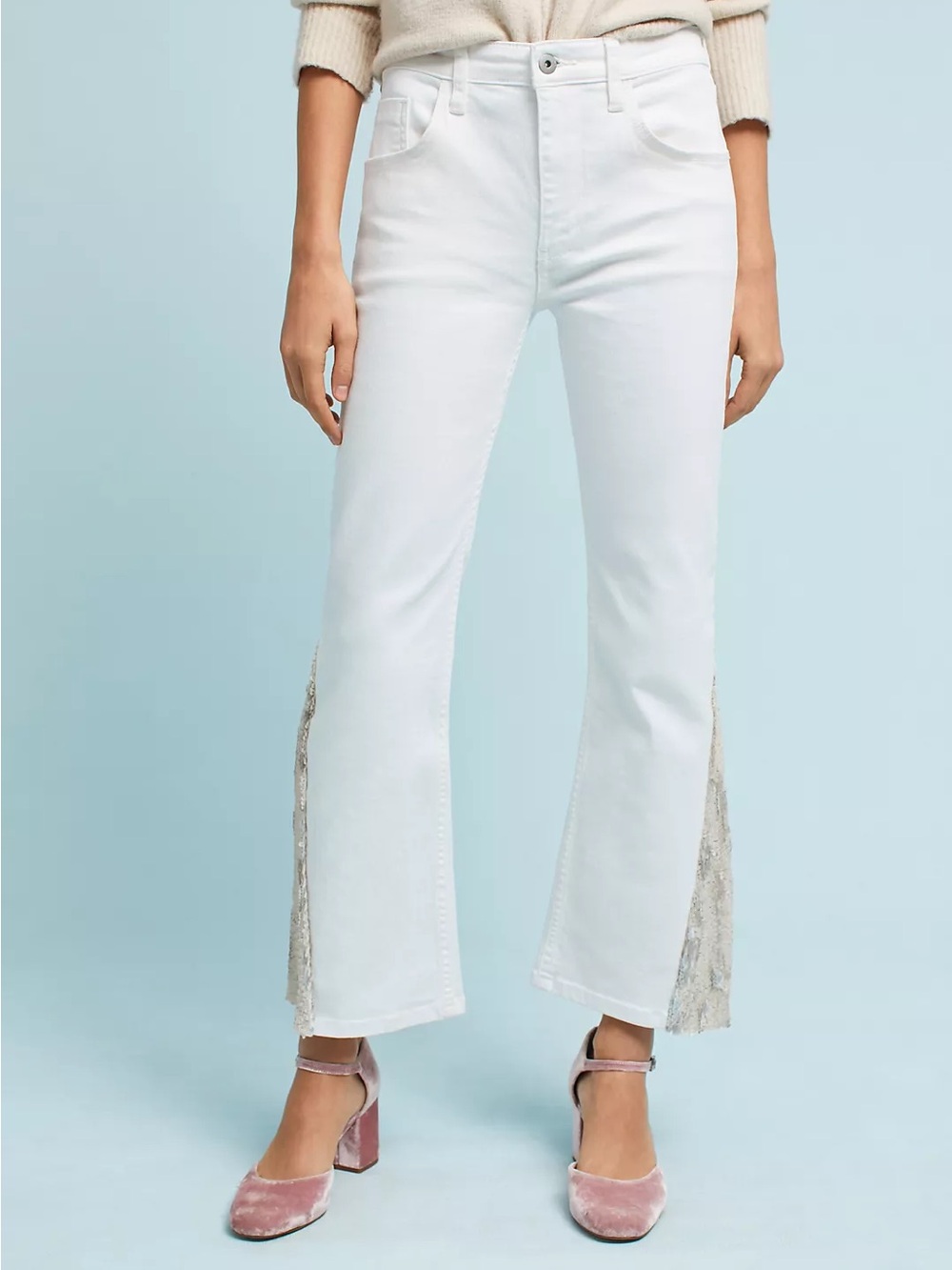 Anthropologie White Flare Jeans with Metallic Side Panels